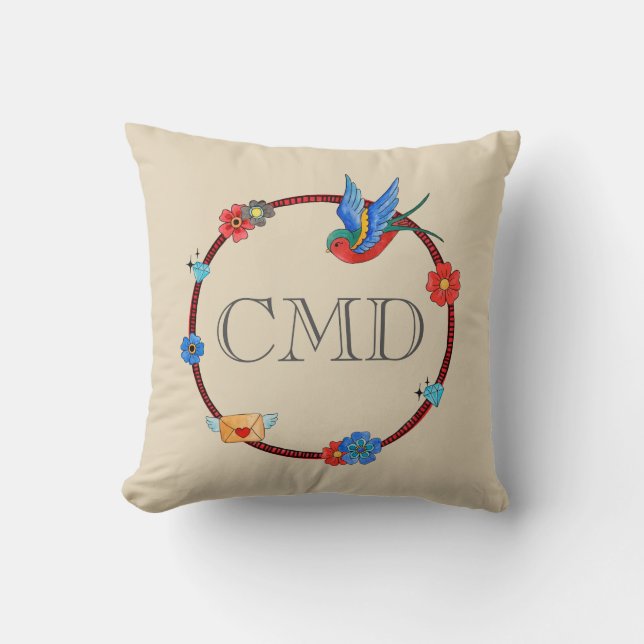 Boho Bluebird Monogram Cushion (Front)