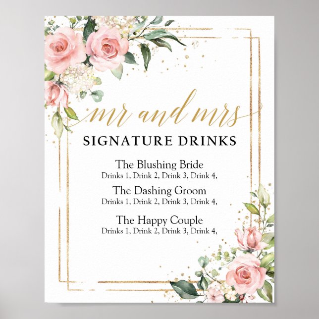 Boho bluhs pink floral gold signature drinks sign (Front)