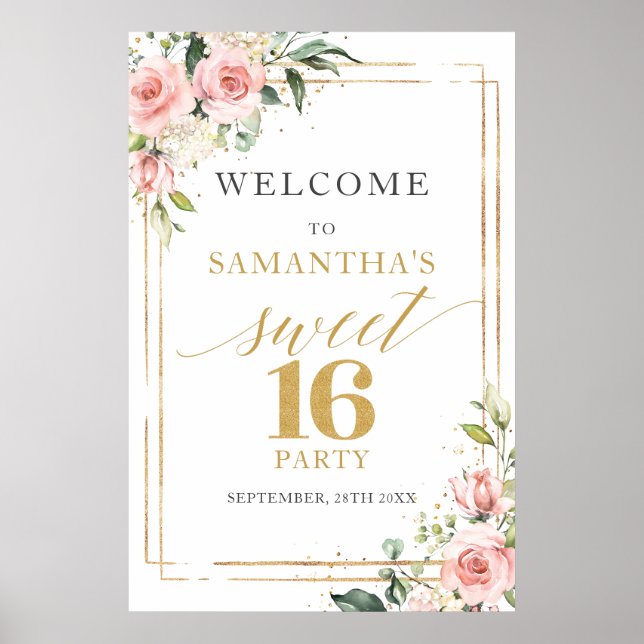 Boho Blush and gold glitter 16th birthday welcome Poster (Front)