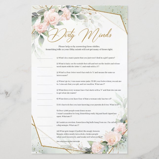 Boho blush and greenery gold Dirty Minds game (Front)