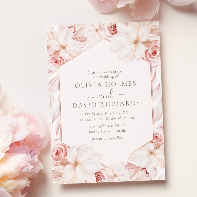 Boho Blush and Pale Pink Floral Wedding  Invitation (Boho Blush and Pale Pink Floral Wedding Invitation on a table with pale pink peonies.)