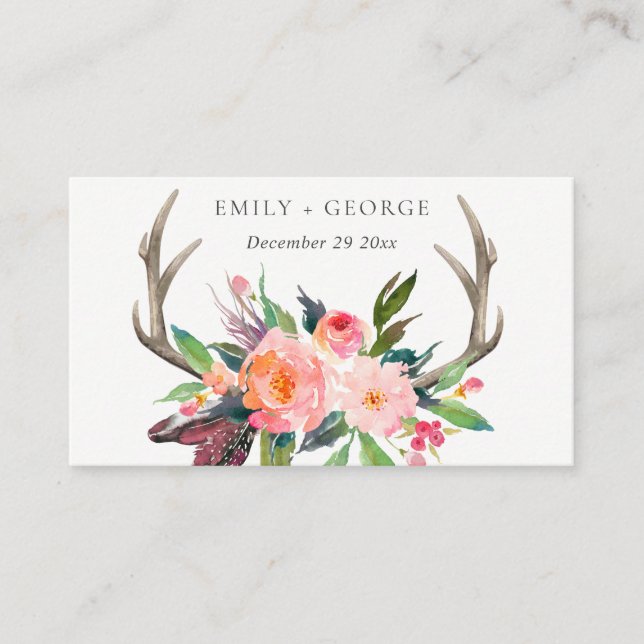 BOHO BLUSH ANTLER FLORAL COUNTRY WEDDING WEBSITE BUSINESS CARD (Front)