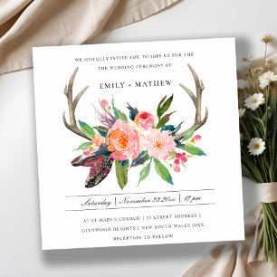 BOHO BLUSH ANTLER FLORAL FEATHER COUNTRY WEDDING INVITATION