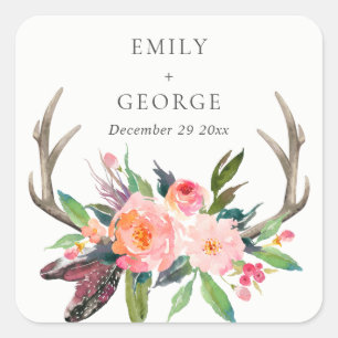 BOHO BLUSH ANTLER FLORAL FEATHER COUNTRY  WEDDING SQUARE STICKER