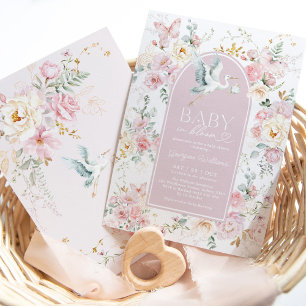 Boho Blush Baby in Bloom Stork Wildflower Shower Invitation