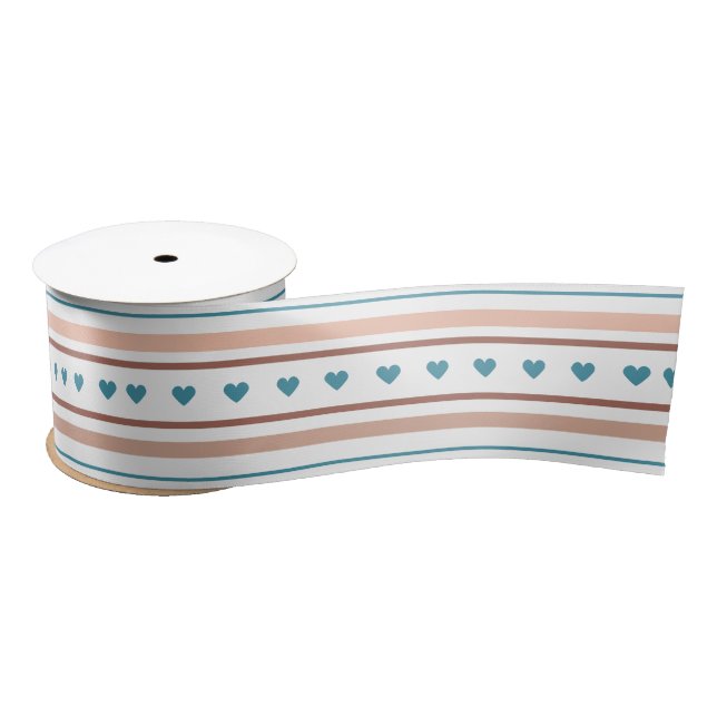 Boho Blush Beige Blue Hearts Stripes Satin Ribbon (Spool)
