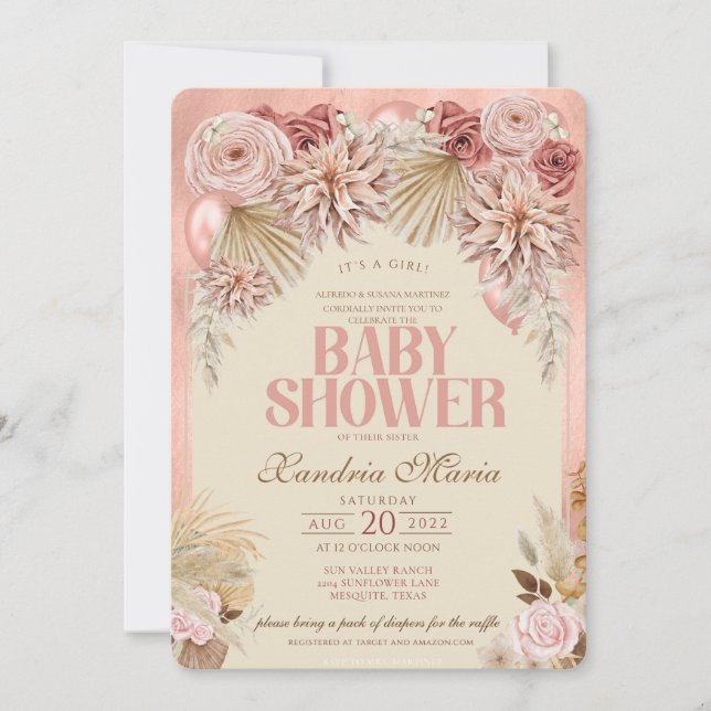 Boho Blush Beige Dried Rose Baby Shower invitation (Front)