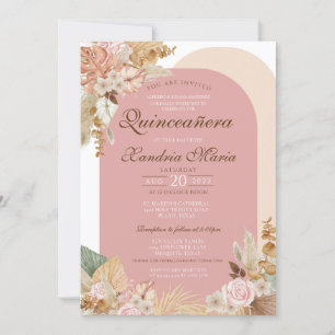 Boho Blush Beige Dried Rose Floral Quinceanera Invitation