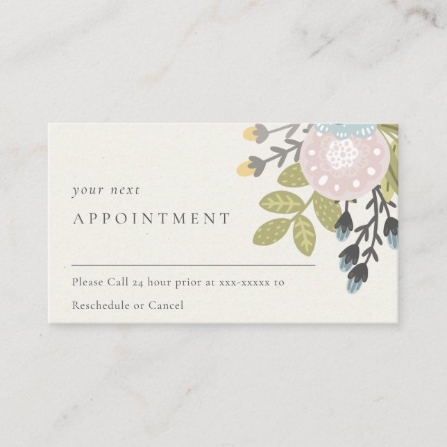 Boho Blush Blue Green Floral Appointment Reminder Business Card (Front)