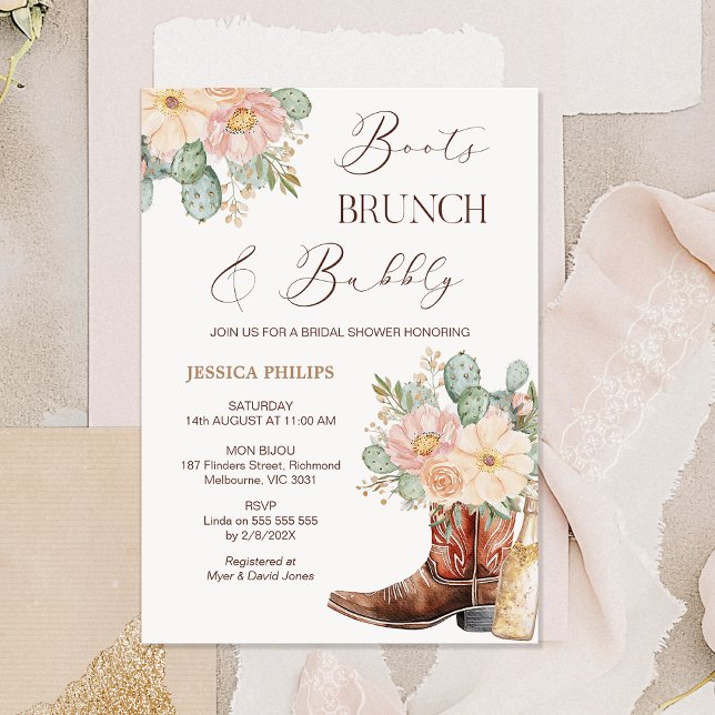 Boho Blush Boots Brunch Bubbly Bridal Shower Invitation (Floral Boots Brunch and Bubbly Bridal Shower Invitation Template, Cowgirl Boots Bridal Shower Bottle)