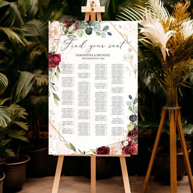 Boho blush burgundy alphabetical wedding seating poster (Modern burgundy floral gold geometric boho wedding alphabetical seating chart)