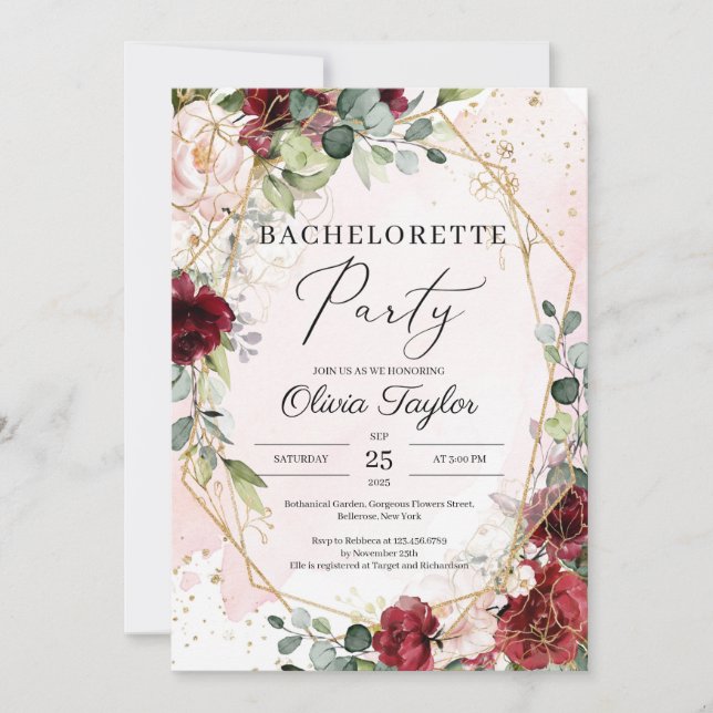 Boho blush burgundy floral gold bachelorette party invitation (Front)