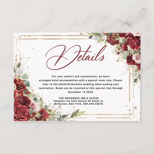 Boho Blush Burgundy Floral  Gold Geometric Wedding Enclosure Card (Front)