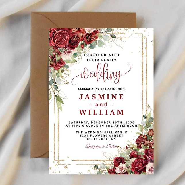 Boho Blush Burgundy Floral  Gold Geometric Wedding Invitation (Creator Uploaded)