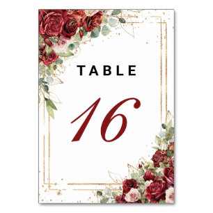 Boho Blush Burgundy Floral  Gold Geometric Wedding Table Number