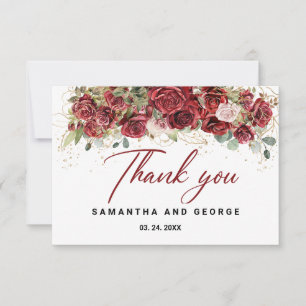 Boho Blush Burgundy Floral  Gold Geometric Wedding Thank You Card