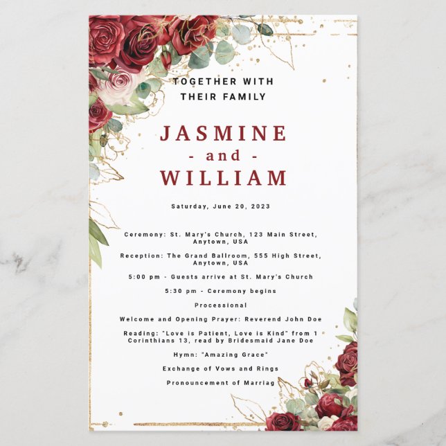 Boho Blush Burgundy Floral  Gold  Wedding Program (Front)