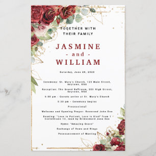 Boho Blush Burgundy Floral  Gold  Wedding Program