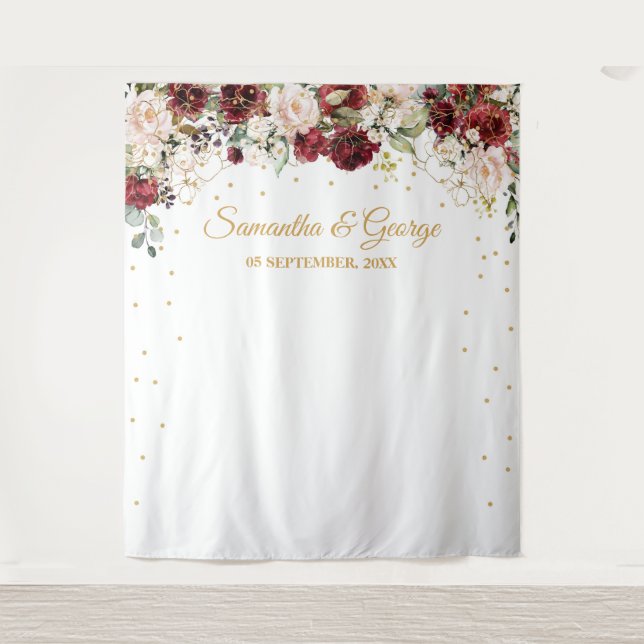 Boho Blush burgundy floral green gold wedding Tapestry (Front)