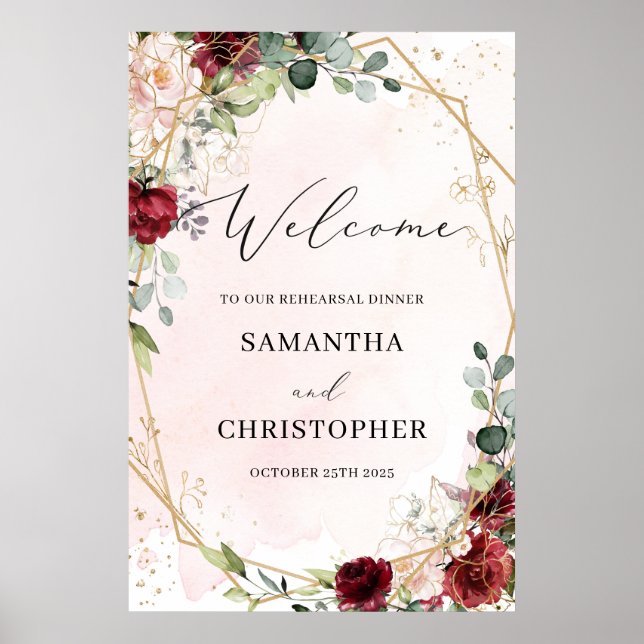 Boho blush burgundy floral rehearsal welcome sign (Front)