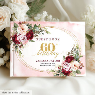 Boho Blush Burgundy Gold Roses 60th Guest Book