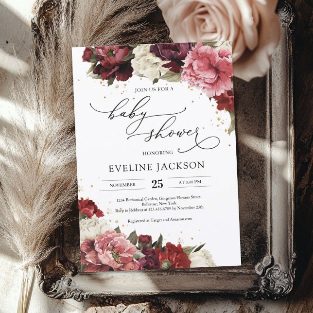 Boho Blush burgundy mauve flowers peonies baby  Invitation (Boho Blush burgundy mauve flowers peonies baby Invitation)