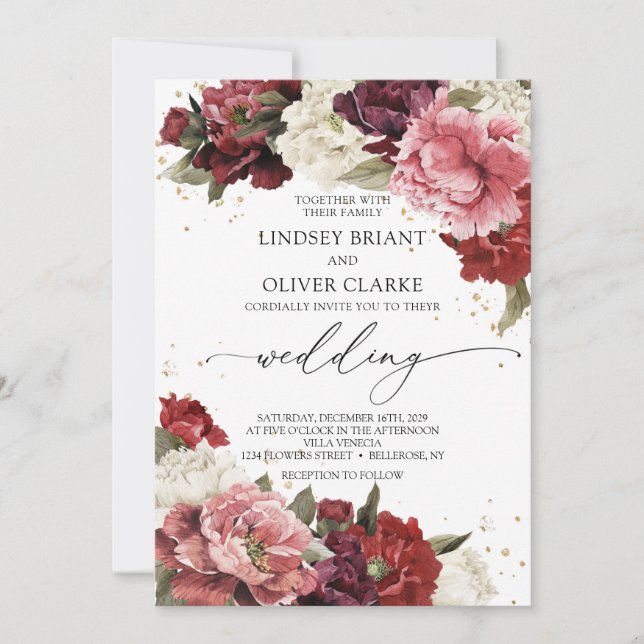 Boho Blush burgundy mauve roses peonies flowers  Invitation (Front)