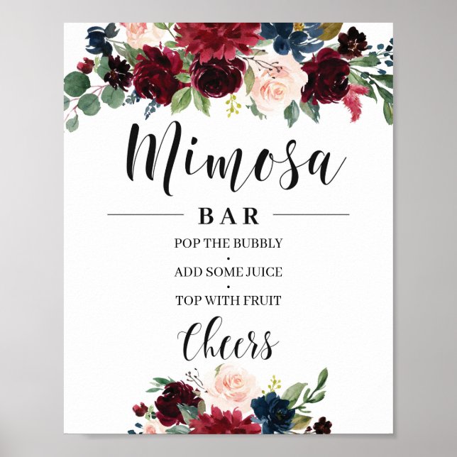 Boho Blush burgundy navy floral mimosa bar sign (Front)