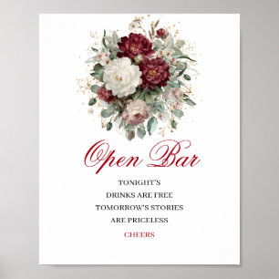 Boho Blush Burgundy Open Bar Wedding Sign Poster