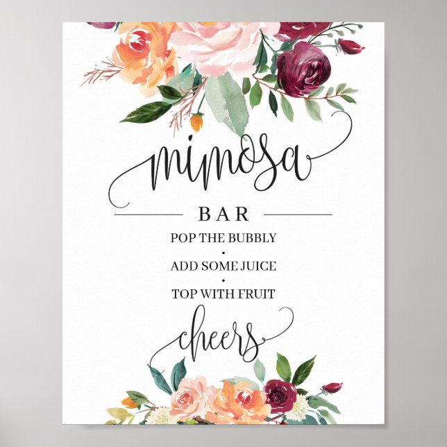 Boho blush burgundy orange floral mimosa bar sign (Front)
