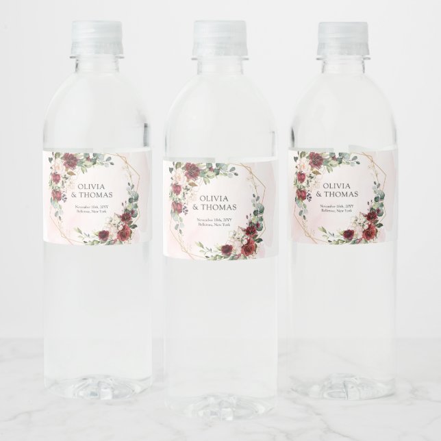Boho blush burgundy pink and gold geometric  water bottle label (Bottles)