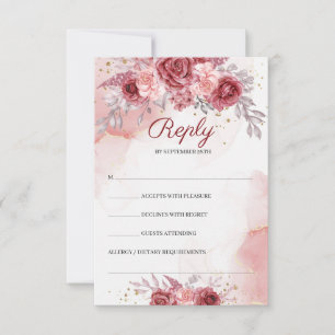 Boho Blush Burgundy Roses Flowers Gold Wedding   RSVP Card