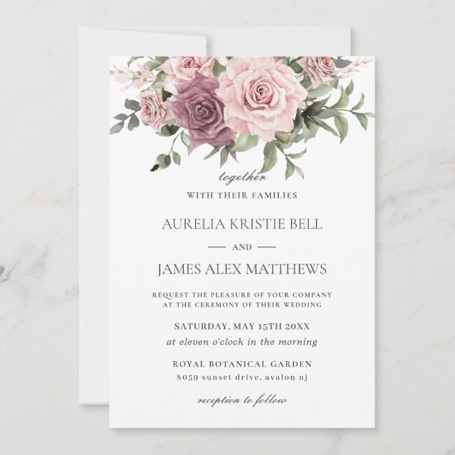 Boho Blush Cinnamon Rose Floral Greenery Wedding Invitation (Front)