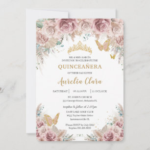 Boho Blush Dusty Rose Floral Pampas Quinceañera  Invitation