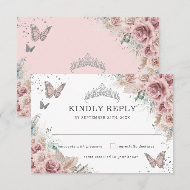 Boho Blush Dusty Rose Floral Pampas Quinceañera RSVP Card (Front/Back)