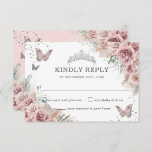 Boho Blush Dusty Rose Floral Pampas Quinceañera RSVP Card
