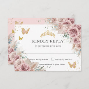 Boho Blush Dusty Rose Floral Pampas Quinceanera  RSVP Card