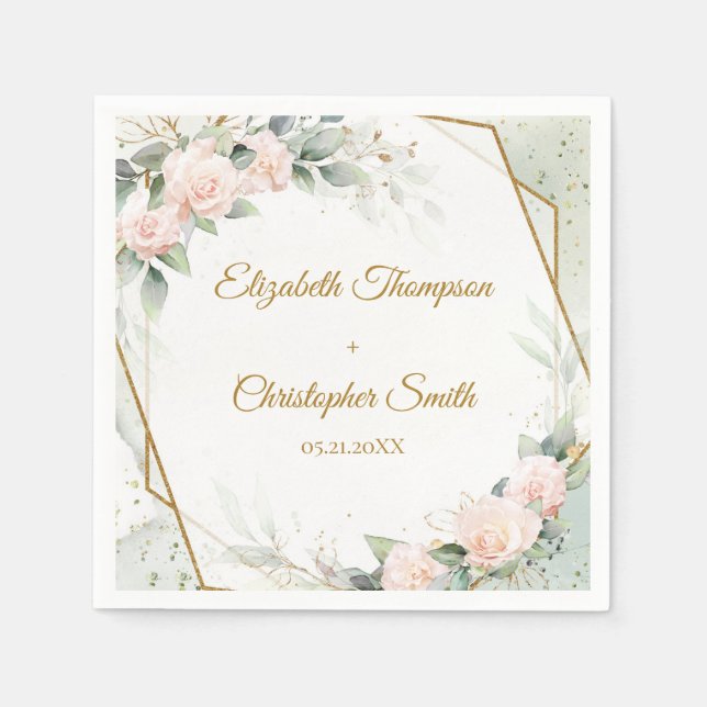 Boho blush floral and gold and eucalyptus wedding napkin (Front)