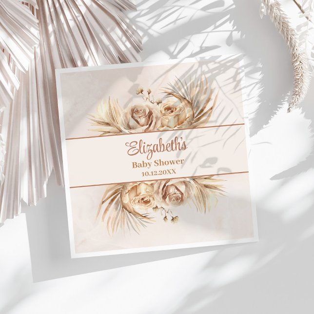 Boho Blush Floral Baby Shower Napkin (Boho Blush Floral Baby Shower Napkins on a sunny white table.)