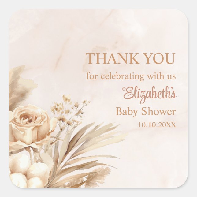 Boho Blush Floral Baby Shower Thank You Square Sticker (Front)
