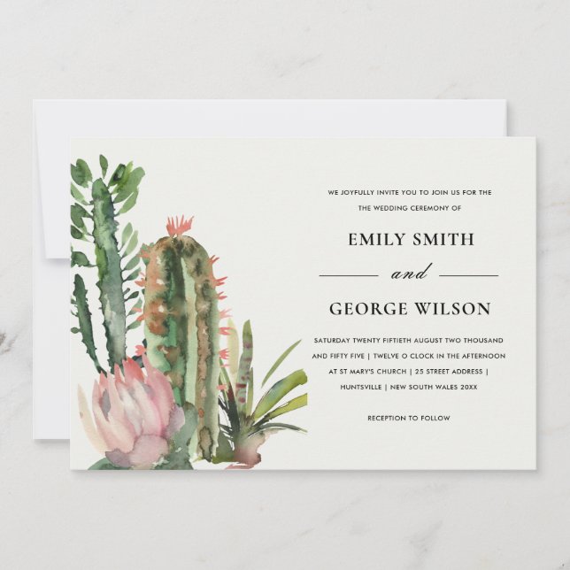 BOHO BLUSH FLORAL DESERT CACTI FOLIAGE WEDDING INVITATION (Front)