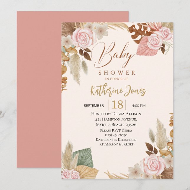 Boho Blush floral eucalyptus Baby Shower   Invitation (Front/Back)
