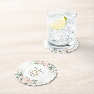 Boho Blush Floral Eucalyptus Frame Baby Shower Paper Coaster