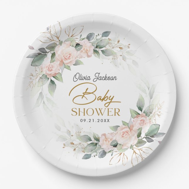 Boho Blush Floral Eucalyptus Frame Baby Shower Paper Plate (Front)