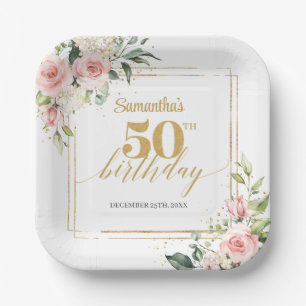 Boho blush floral eucalyptus gold 50th birthday paper plate
