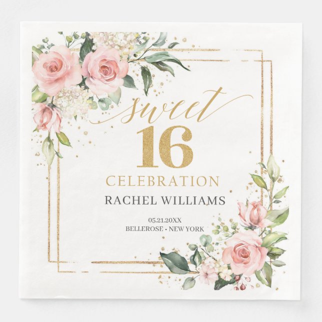 Boho  blush floral eucalyptus sweet 16th birthday napkin (Front)
