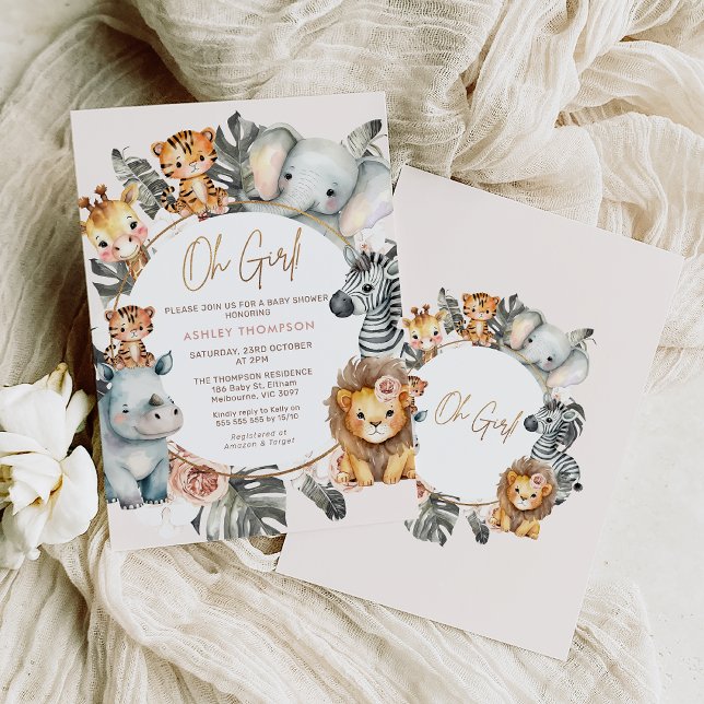 Boho Blush Floral Foliage Safari Baby Shower Invitation (Girls safari baby shower invitation featuring various jungle animals surrounding a circle frame.)