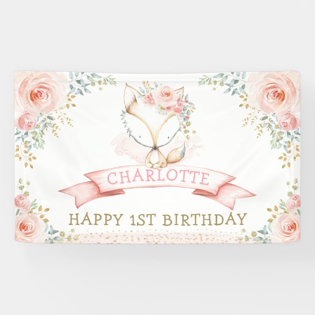 Boho Blush Floral Fox Girl Birthday Party Welcome Banner (Horizontal)