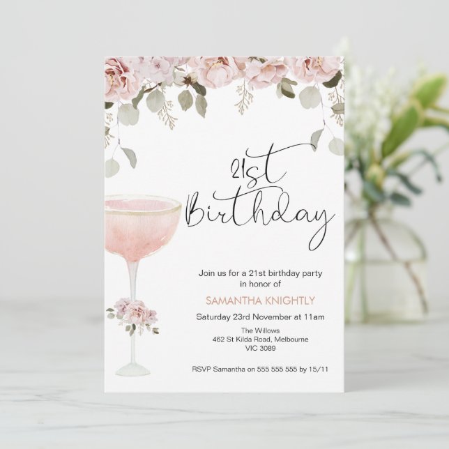 Boho Blush Floral Glass 21st Birthday Invitation (Standing Front)