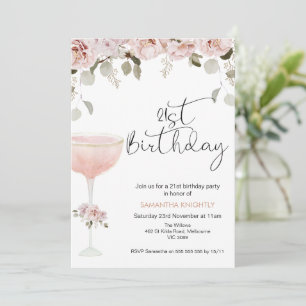 Boho Blush Floral Glass 21st Birthday Invitation